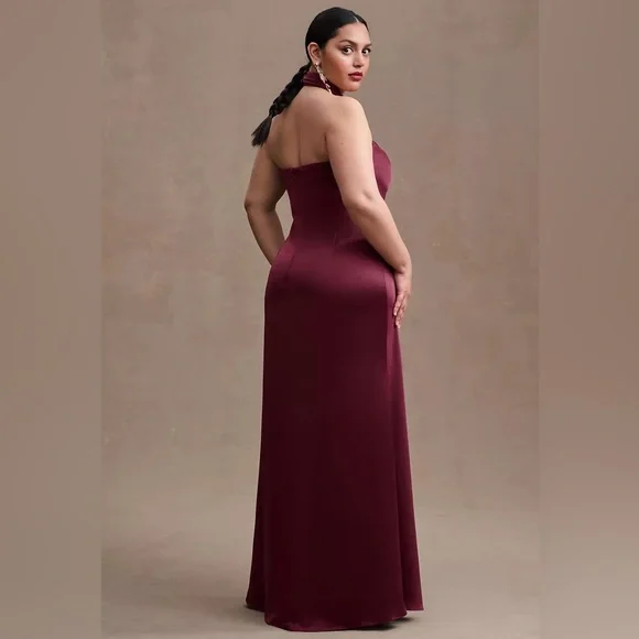 SOLD BHLDN NWT Ruby Twist Halter Satin Gown Plus Size 22 Dark Berry Bridesmaid - Picture 2 of 16